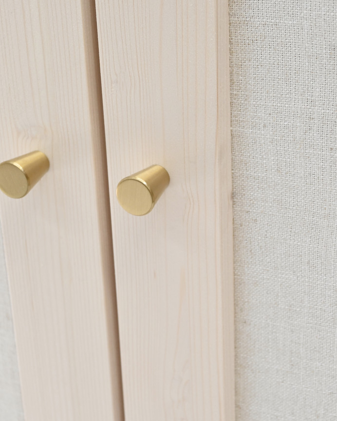 Massiver Holzschrank mit Leinenstoff und 2 Türen in natürlicher Farbe, Maße 100x80cm.