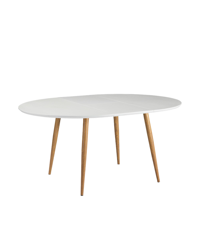 Ausziehbarer Esstisch aus weiß lackiertem Holz und Metallbeinen mit einem Durchmesser von 120-160 cm.