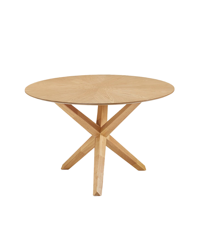 Runder Esstisch aus natürlicher Holzmasse mit einem Durchmesser von 120 cm.