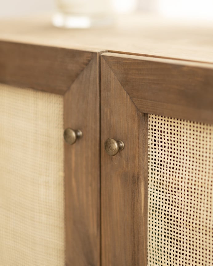 Massivholz-Sideboard mit Rattanverkleidung und 2 Türen in dunkelroher Eiche 100x80 cm