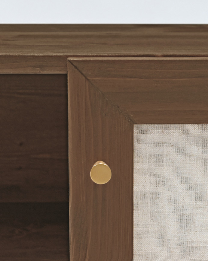 TV-Möbel aus Massivholz und Leinenstoff mit 2 Türen in Nussbaumfarbe, 150x40cm.