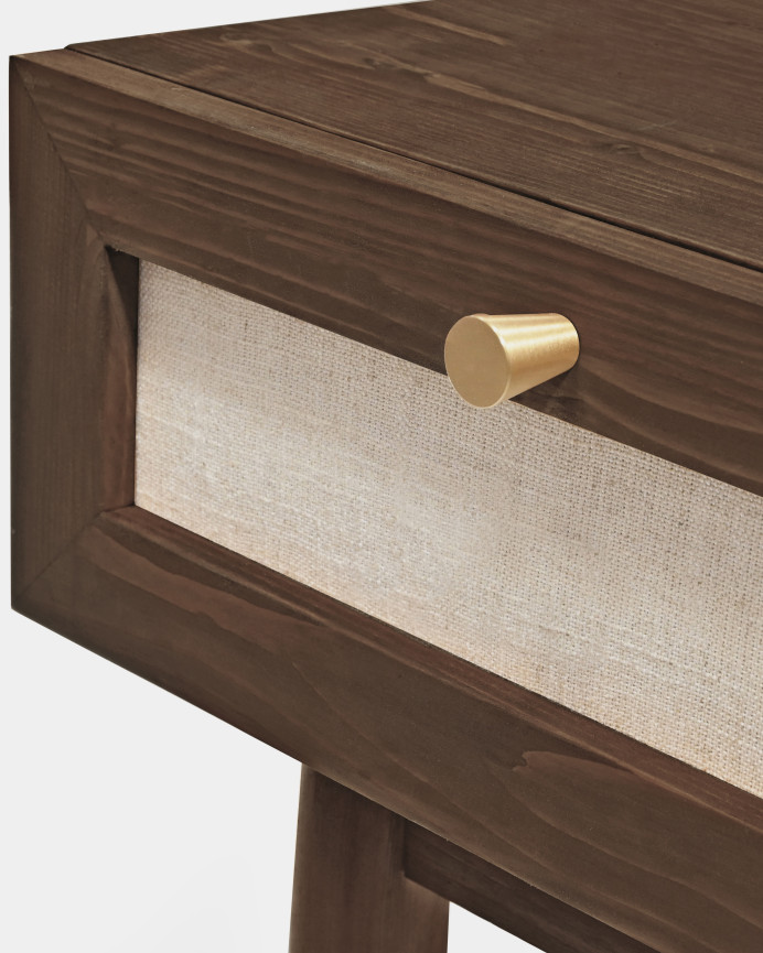 Verpacke 2 Beistelltische mit massivem Holzschublade und Leinen in Nussbaumfarbe von 45x40cm.