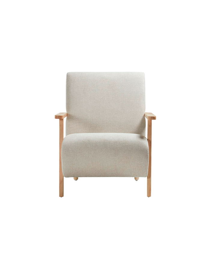 Massiver Holzstuhl mit Sitz aus beige Stoff in den Maßen 82x70cm.