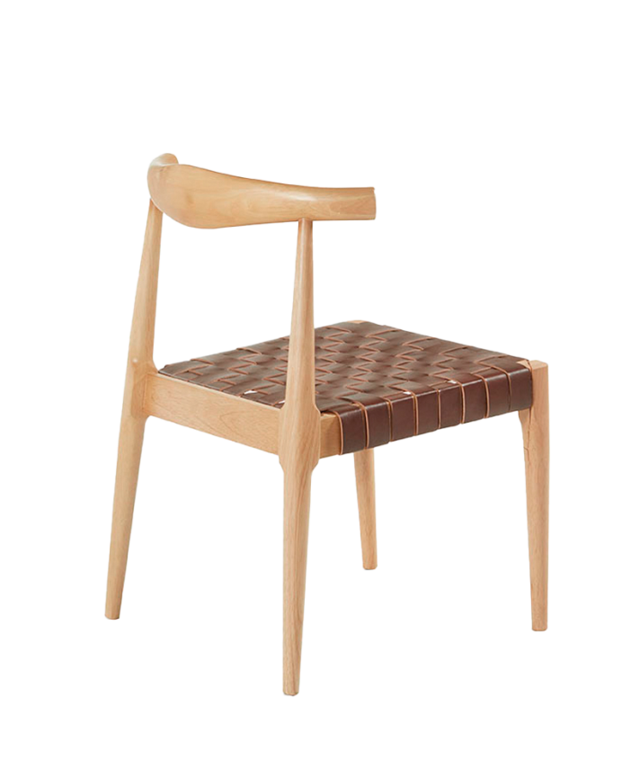 Massiver Holzstuhl mit geflochtener brauner Sitzfläche und Beinen in natürlicher Farbe von 81 cm.