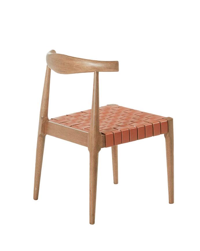 Massiver Holzstuhl mit braun geflochtener Sitzfläche und Nussbaumbeinen 81 cm.