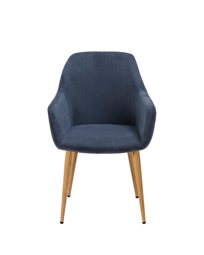Samtstuhl in Blau mit Metallbeinen in Eichenfarbe, 84 cm lang.