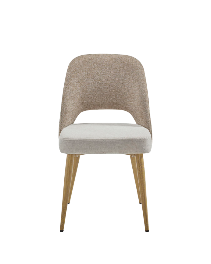 Stoffstuhl in kombinierten Beige- und Taupefarben mit Metallbeinen in Eichenholzton, 84 cm.