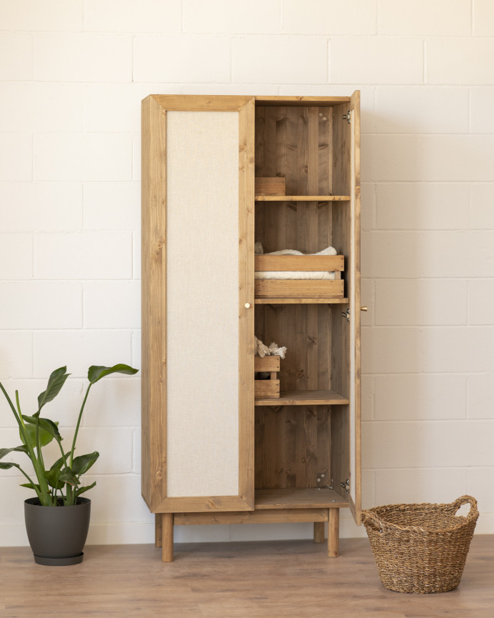 Massivholzschrank mit Leinenstoff in dunkler Eiche, 180x80cm.
