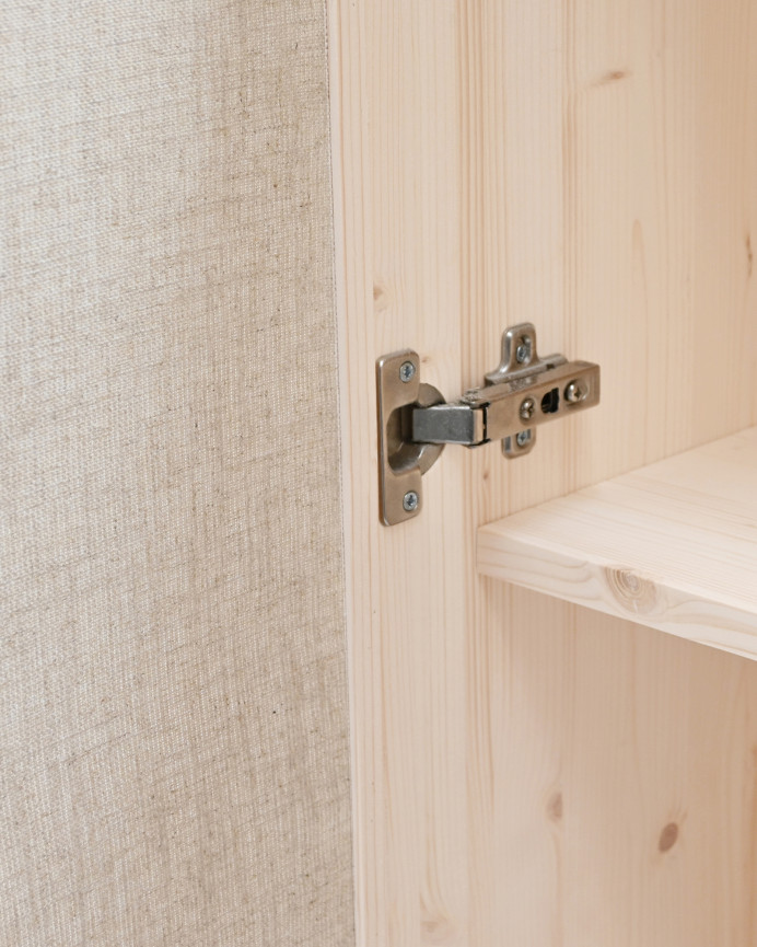 Massiver Holzschrank mit Leinenstoff und 2 Türen in natürlicher Farbe, Maße 100x80cm.
