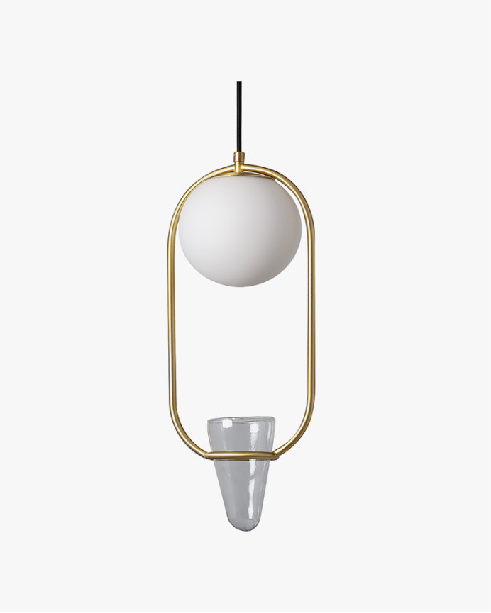 Deckenlampe mit goldenem Metallrahmen und Glasblumentopf