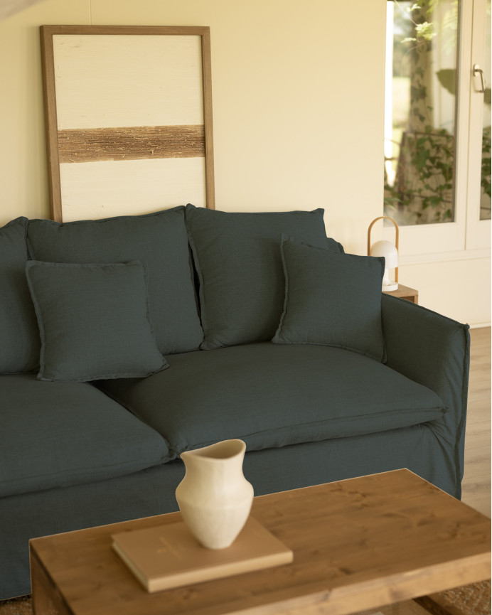 Sofa-Überwurf mit linker Chaiselongue aus Baumwolle und Leinen in verschiedenen Größen, blauer Farbe.