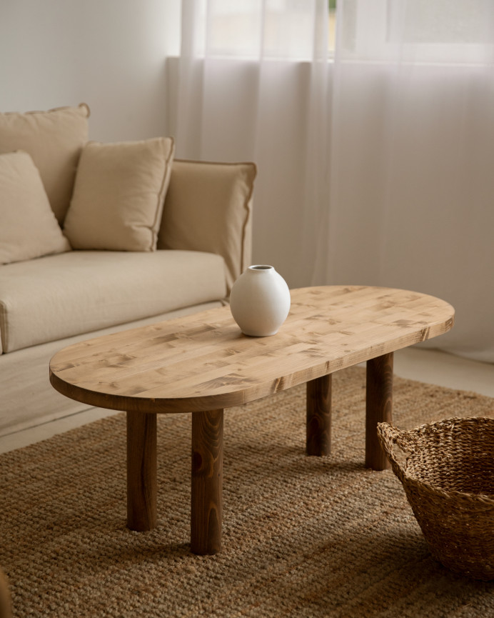 Ovaler Massivholz-Couchtisch in dunklem Eichenton, 40x120cm