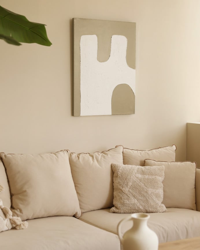 Beige- und weißes dekoratives Gemälde auf Baumwolle mit handbemaltem Holzrahmen in Ölfarbe in verschiedenen Größen.