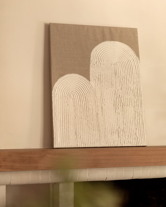 Weiß-beige dekoratives Gemälde auf Leinwand mit handbemaltem Holzrahmen und Ölfarbe in verschiedenen Größen.