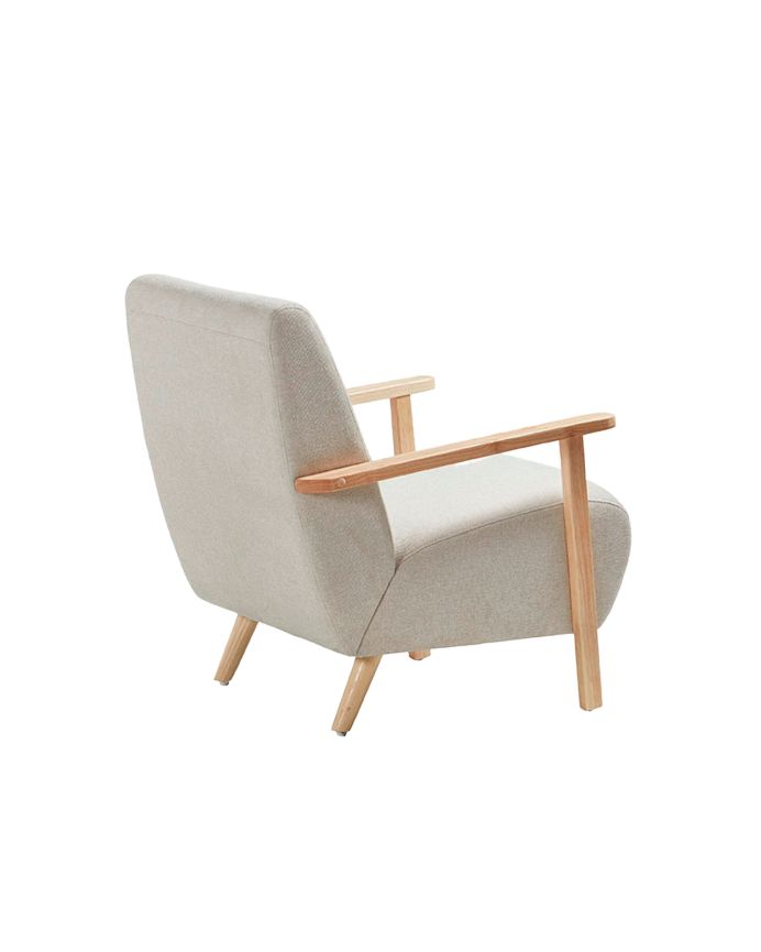Massiver Holzstuhl mit Sitz aus beige Stoff in den Maßen 82x70cm.
