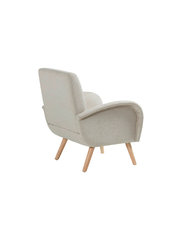 Massiver Holzsessel mit Sitzpolster aus Schaumstoff und Faser in Beige, 75x74 cm.