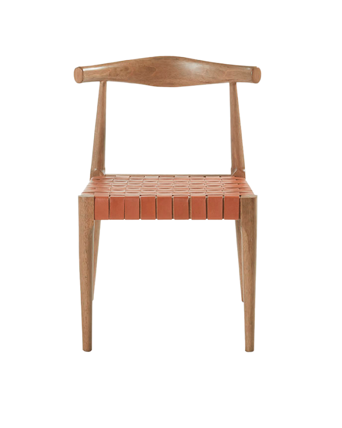 Massiver Holzstuhl mit braun geflochtener Sitzfläche und Nussbaumbeinen 81 cm.