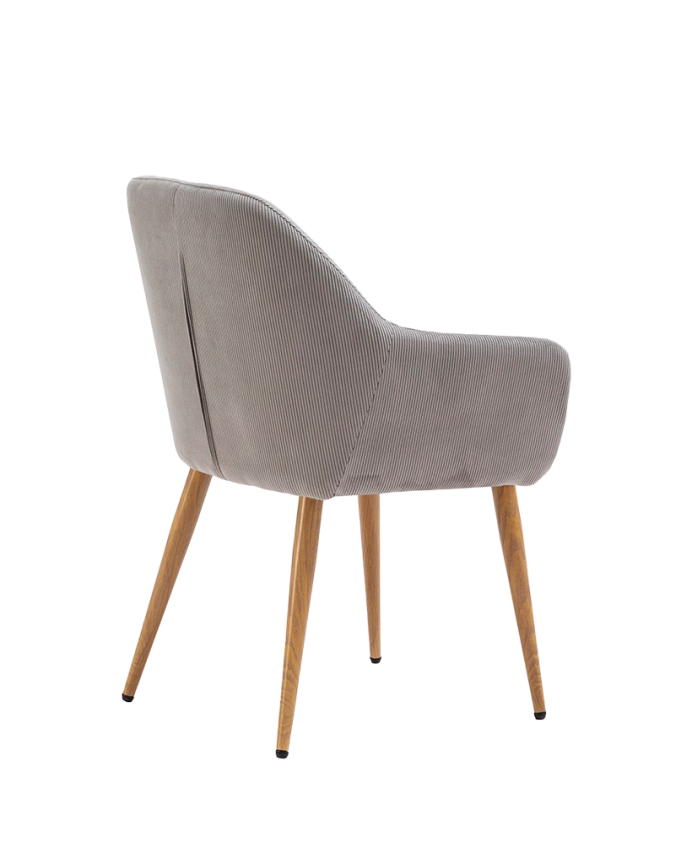Samtstuhl in Grau mit Metallbeinen in Eichenholzton, 84 cm lang.