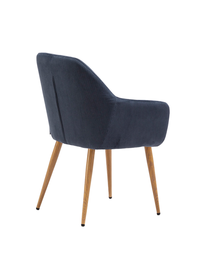 Samtstuhl in Blau mit Metallbeinen in Eichenfarbe, 84 cm lang.