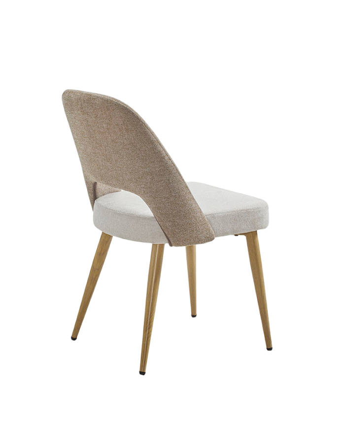 Stoffstuhl in kombinierten Beige- und Taupefarben mit Metallbeinen in Eichenholzton, 84 cm.