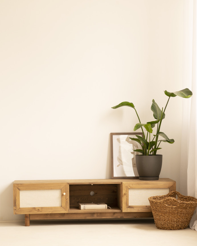 TV-Möbel aus massivem Holz und Leinenstoff mit 2 Türen in dunkler Eichenfarbe, 150x40cm.