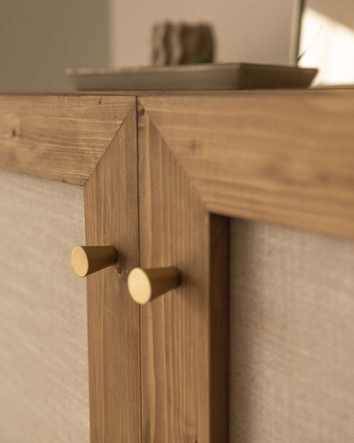 Massives Holz-Sideboard mit Leinengewebe und 2 Türen in dunklem Eichenholzton, Maße 100x80 cm.
