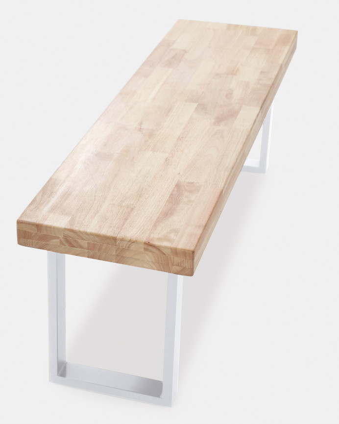 Massiver Holzbank in Naturton mit weißen Eisengestellen von 47x120cm.