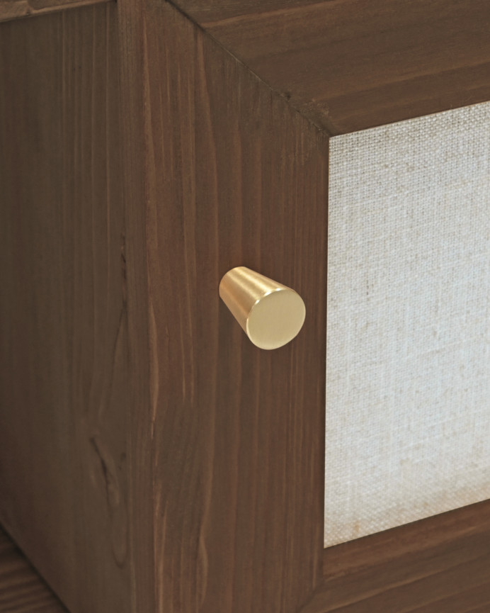 TV-Möbel aus Massivholz und Leinenstoff mit 2 Türen in Nussbaumfarbe, 150x40cm.