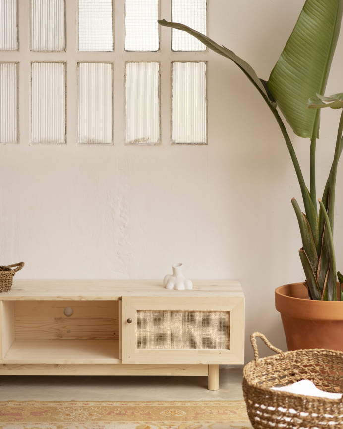 TV-Schrank aus Massivholz und Rattan mit 2 Türen in natürlicher Farbe von 150x40cm