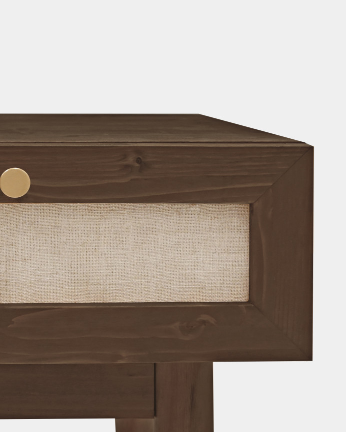 Verpacke 2 Beistelltische mit massivem Holzschublade und Leinen in Nussbaumfarbe von 45x40cm.