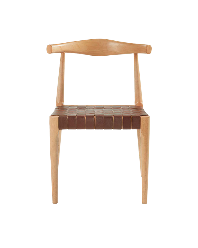 Massiver Holzstuhl mit geflochtener brauner Sitzfläche und Beinen in natürlicher Farbe von 81 cm.