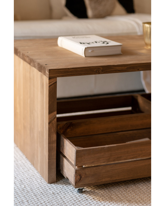 Mesa de centro de madera maciza en tono roble oscuro con ruedas de 120x45cm