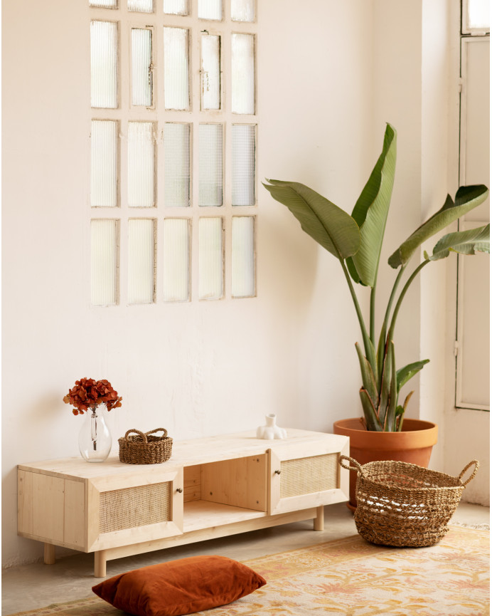 TV-Schrank aus Massivholz und Rattan mit 2 Türen in natürlicher Farbe von 150x40cm