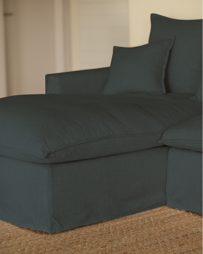 Sofa-Überwurf mit linker Chaiselongue aus Baumwolle und Leinen in verschiedenen Größen, blauer Farbe.