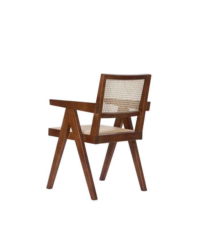 Holzstuhl aus Ulmenholz mit Sitzfläche und Rückenlehne aus braunem Flechtwerk in den Maßen 86x57 cm.