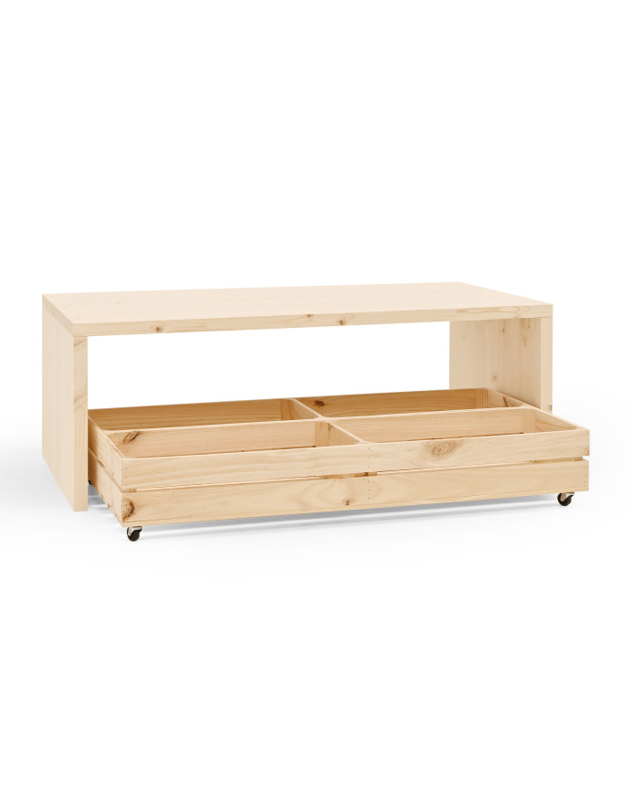 Mesa de centro de madera maciza en tono natural con ruedas de 120x45cm