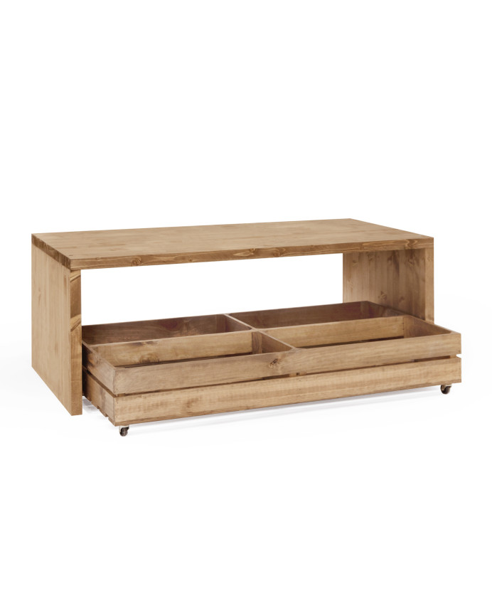 Mesa de centro de madera maciza en tono roble oscuro con ruedas de 120x45cm