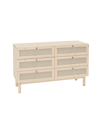 Massive Holzkommode und Leinen mit sechs Schubladen in natürlichen Farbtönen von 76x120cm.