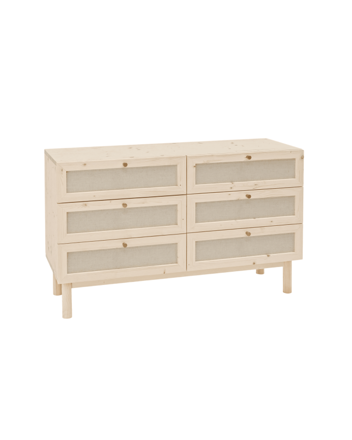 Massive Holzkommode und Leinen mit sechs Schubladen in natürlichen Farbtönen von 76x120cm.