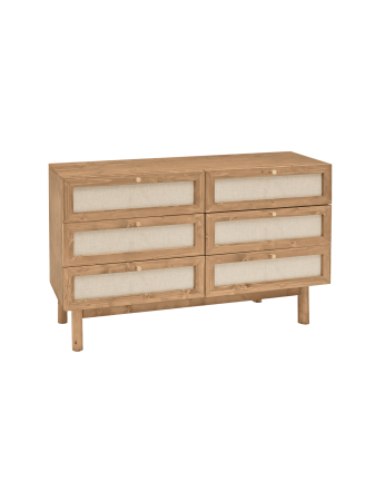 Massive Holzkommode mit Leinenbezug und sechs Eichenholzschubladen in dunklem Farbton von 76x120cm.