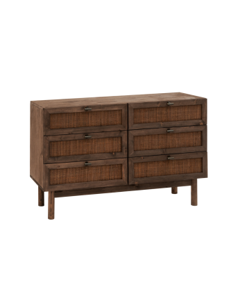 Massivholzkommode mit sechs Walnusstönen aus Rattan mit sechs Schubladen von 76x120cm.