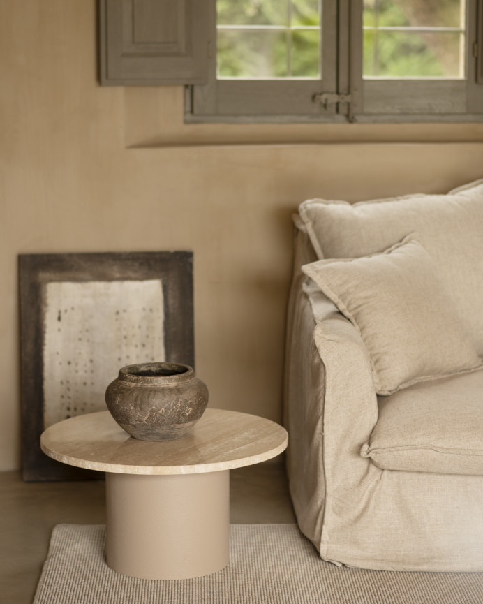 Runder Couchtisch aus Travertinmarmor und beige Microcement-Beinen in verschiedenen Größen