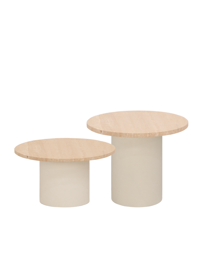 Runder Couchtisch aus Travertinmarmor und beige Microcement-Beinen in verschiedenen Größen