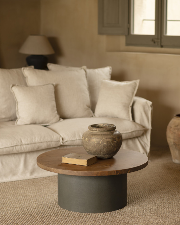 Runder Massivholz-Couchtisch in dunklem Eichenton und Bein aus Mikrozement in Grün, 80x33cm.