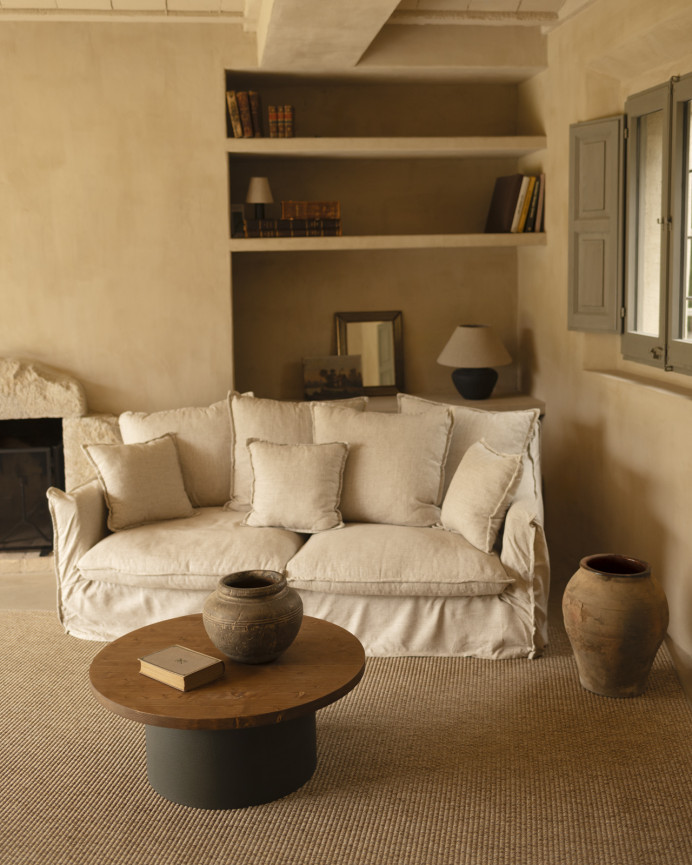 Runder Massivholz-Couchtisch in dunklem Eichenton und Bein aus Mikrozement in Grün, 80x33cm.