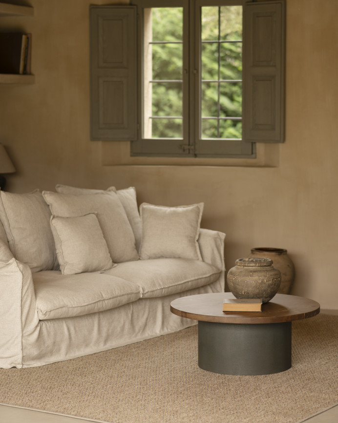 Runder Massivholz-Couchtisch in dunklem Eichenton und Bein aus Mikrozement in Grün, 80x33cm.
