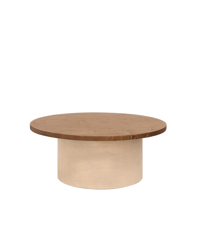 Runder Massivholz-Couchtisch in dunkler Eiche und Tischbein aus Erdton-Mikrozement, 80x33 cm.