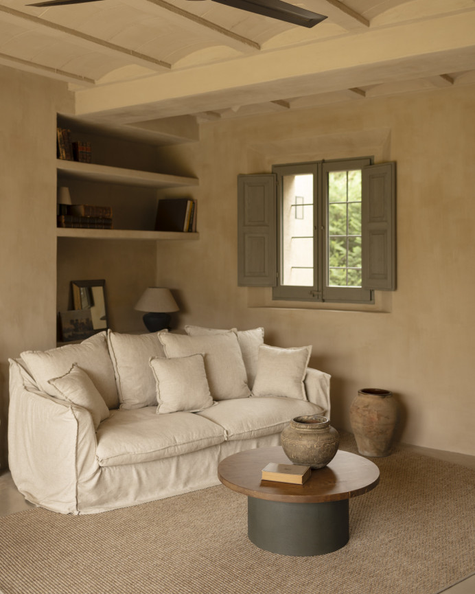 Runder Massivholz-Couchtisch in dunklem Eichenton und Bein aus Mikrozement in Grün, 80x33cm.