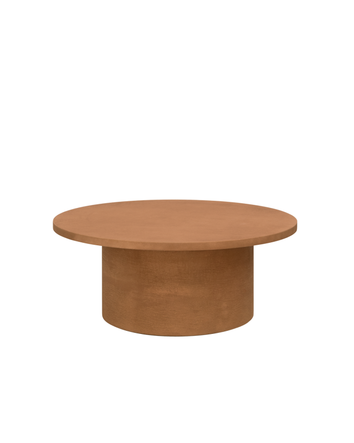 Runder Couchtisch aus Terrakotta-Mikrozement im Maß 80x33 cm.