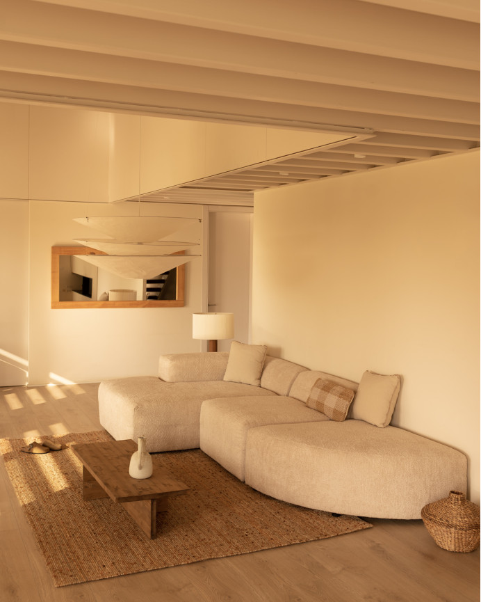 3-teiliges gebogenes Sofa mit Chaiselongue aus Bouclé in Beige, 320x172cm